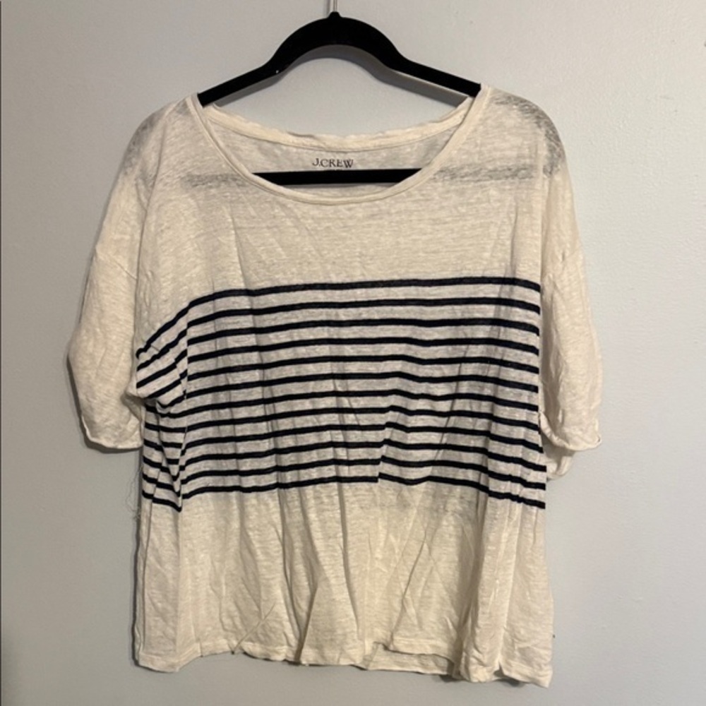 J. Crew XXL Striped Linen Blend Tee - Cream & Navy Nautical Coastal Grandma
